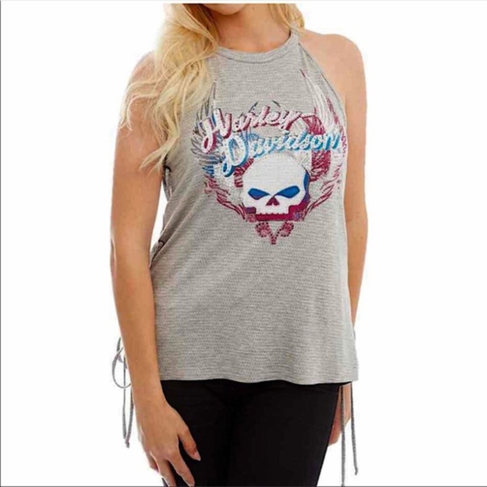 Harley-Davidson Woodblock Willy Embellished rhinestone Side Ties Tank Top M